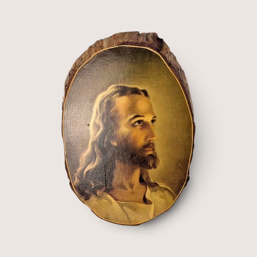 Vintage Warner Sallman Head of Christ Wood Slice Rustic Religious Wall Art